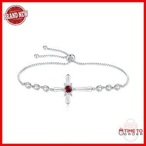 925 Sterling Silver Cross Birthstone Bracelet Adjustable Fine Jewelry Gift